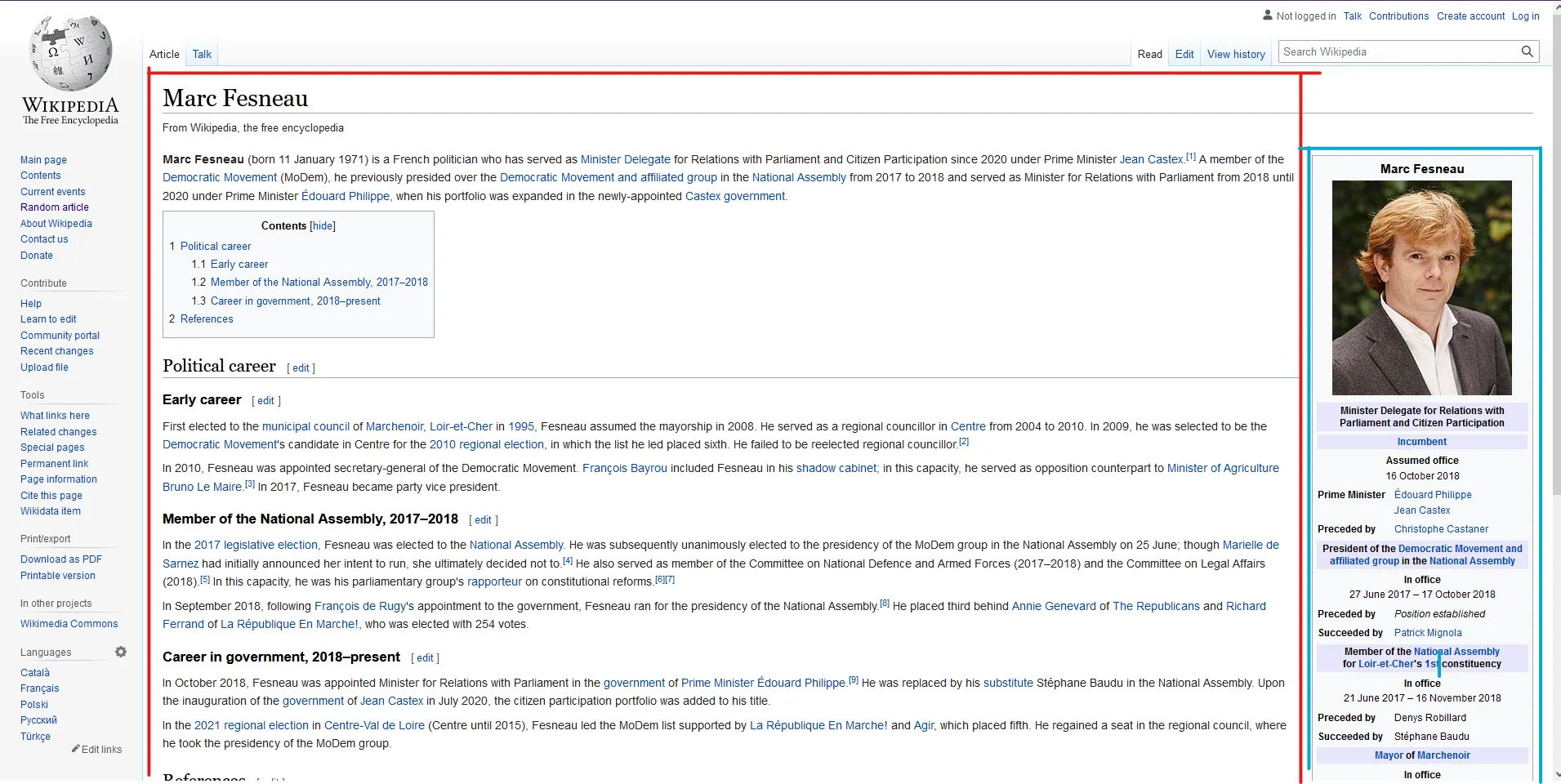 The wikipedia page of French politician Marc Fresneau. It has 2 coloured squares annotating it to select portions of the web page relevant to the following text